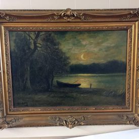 antique oil painting featuring moonlight on the river bank