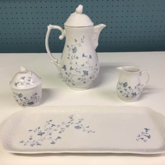 Blue and White Tea Pot, Creamer, Sugar Bowl and Tray