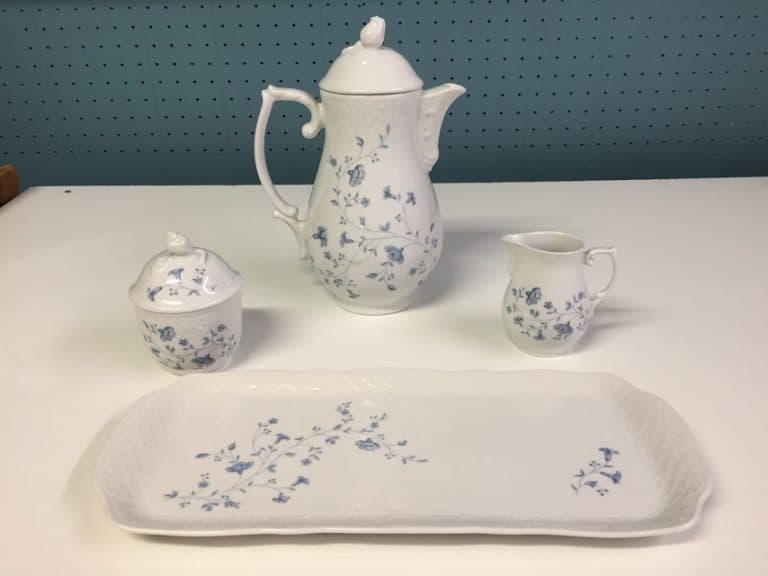 Blue and White Tea Pot, Creamer, Sugar Bowl and Tray