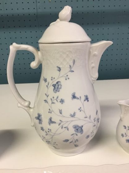 Blue and White Tea Pot, Creamer, Sugar Bowl and Tray