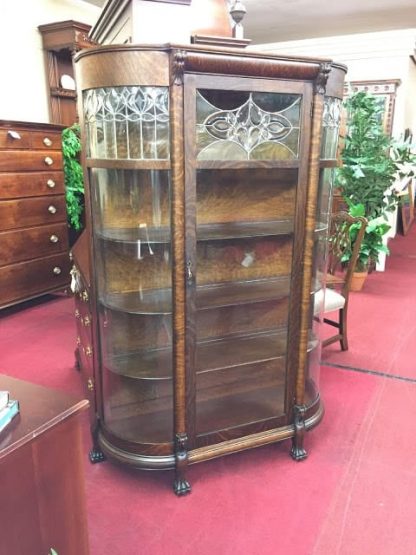 Antique Leaded Glass Oak Bowfront China Cabinet