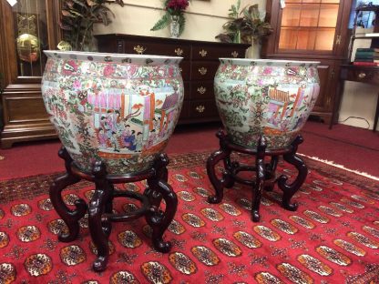 Vintage Rose Famille Urns on Bases, A Pair