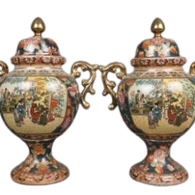 Pair Of Satsuma Type Two Handled Covered Urns, Height 16 Inches