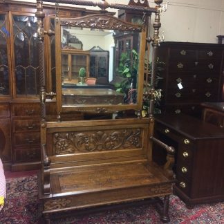 Grand Antique Hall Tree, Carved Oak Hall Tree with Bench Seat, Renaissance Revival