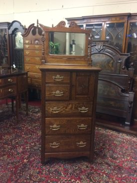 Antique Gentleman's Chest, Bonnet Chest, Tall Oak Dresser with Mirror