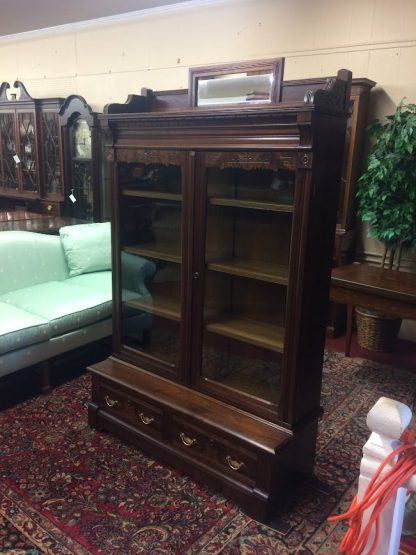 Antique Victorian Bookcase, Walnut Bookshelf with Glass Doors