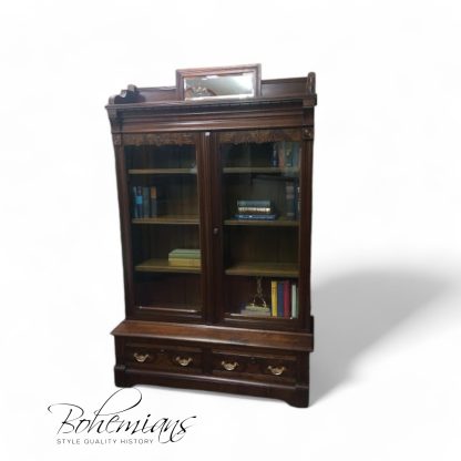 Antique Victorian Bookcase, Walnut Bookshelf with Glass Doors