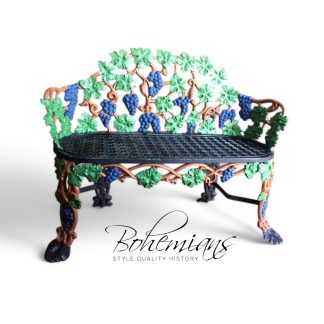 Cast Iron with Grape Vine Motif Garden Bench, Patio Seat, Painted Vines, Branch Armrests