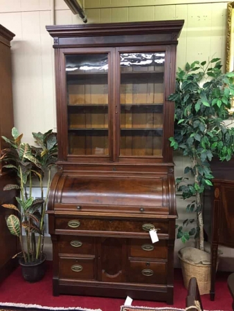 Antique Cylinder Roll Top Desk Secretary With Bookcase Top